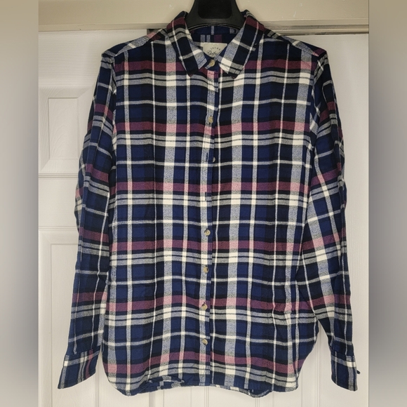 JACHS Girlfriend Tops - JACHS Girlfriend Navy and Magenta Plaid Button Down Shirt